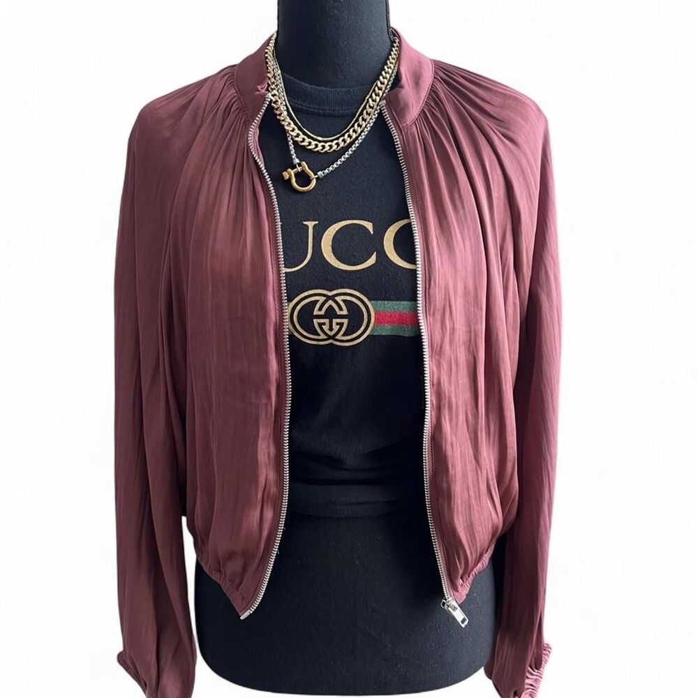 Burgundy Zip Front Cropped Bubble Hem Jacket Women's XS